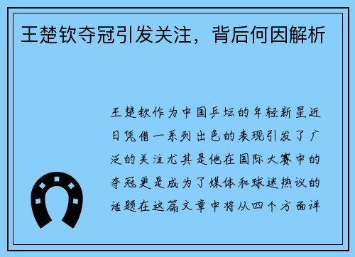 王楚钦夺冠引发关注，背后何因解析