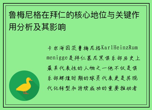 鲁梅尼格在拜仁的核心地位与关键作用分析及其影响